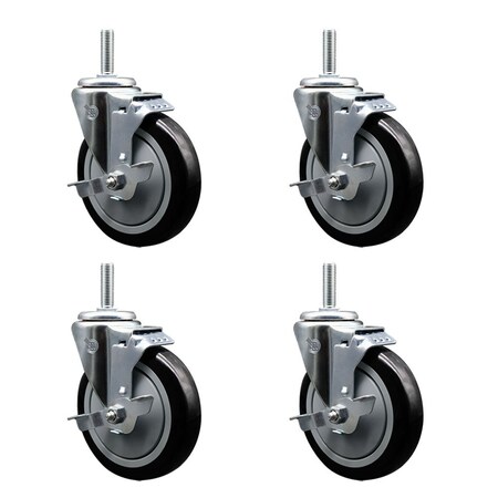 Service Caster 5 Inch Black Polyurethane Wheel Swivel 34 Inch Threaded Stem Caster Set with Brake SCC SCC-TS20S514-PPUB-BLK-TLB-34212-4